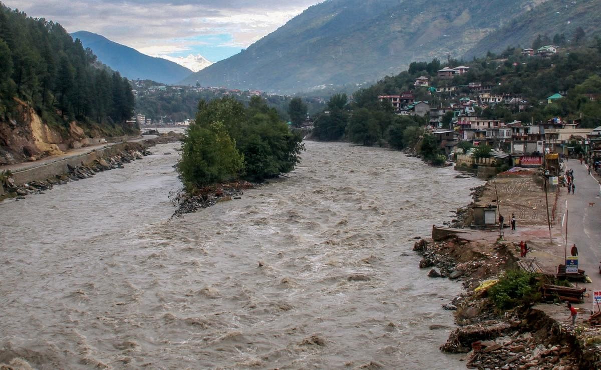A view of the Beas River after incessant rains, in Kullu, Himachal Pradesh, on Tuesday. PTI