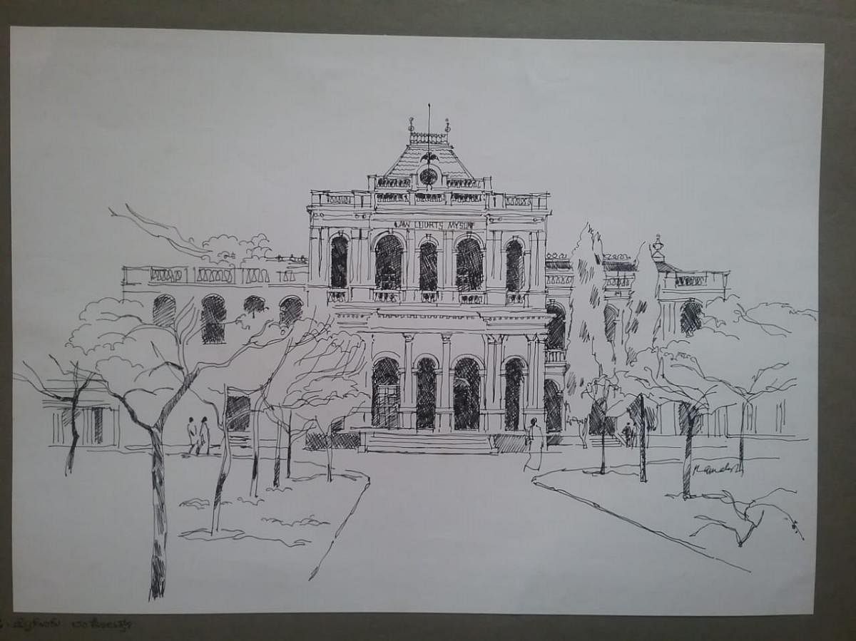 Pencil drawing of the Court Complex in Mysuru.