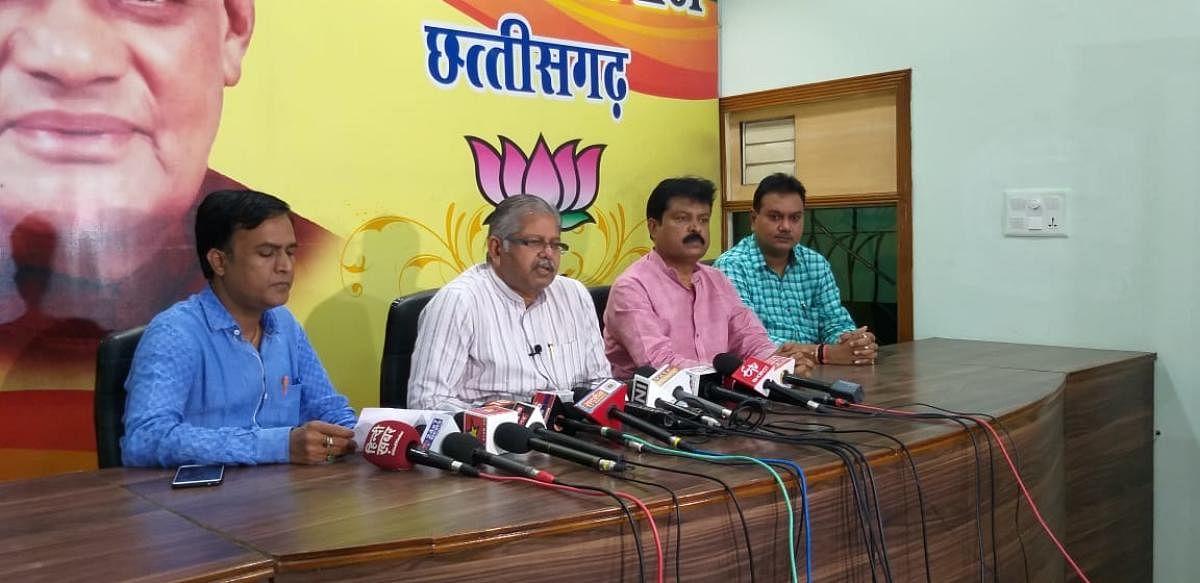 BJP Chhattisgarh president Dharamlal Kaushik addressing reporters.
