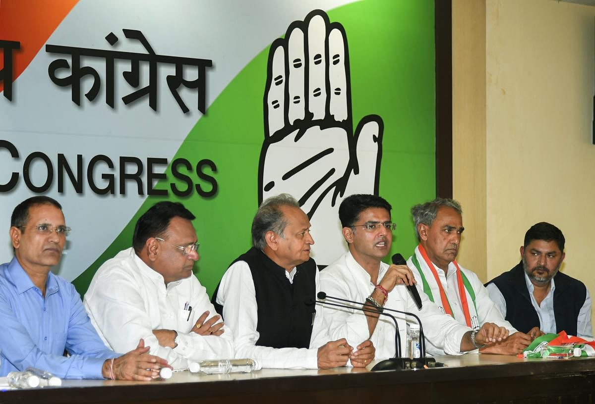 Rajasthan Congress chief Sachin Pilot speaks during a press conference after BJP MP from Dausa Harish Chandra Meena (2nd R) joined the Congress party, at AICC headquarter in New Delhi, Wednesday, Nov 14, 2018. Senior leader and former Rajasthan CM Ashok G