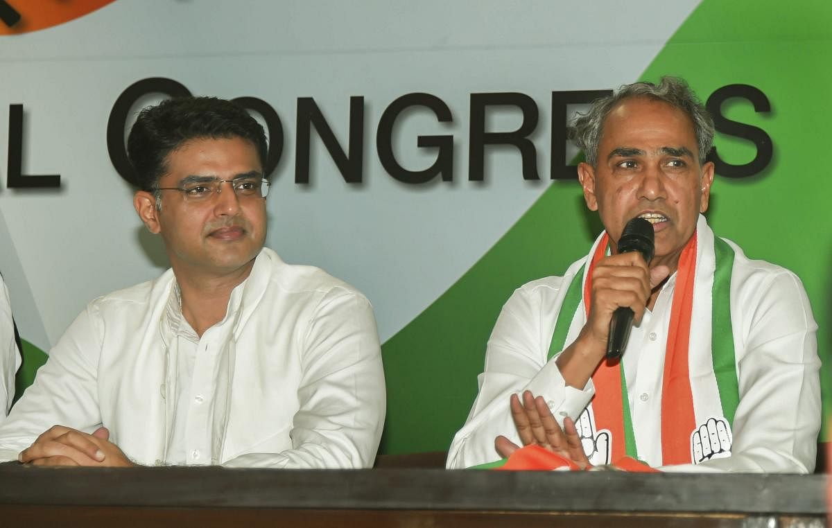 Dausa MP Harish Chandra Meena speaks at a press conference after joining the Congress party, at AICC headquarters in New Delhi on Wednesday. PTI photo