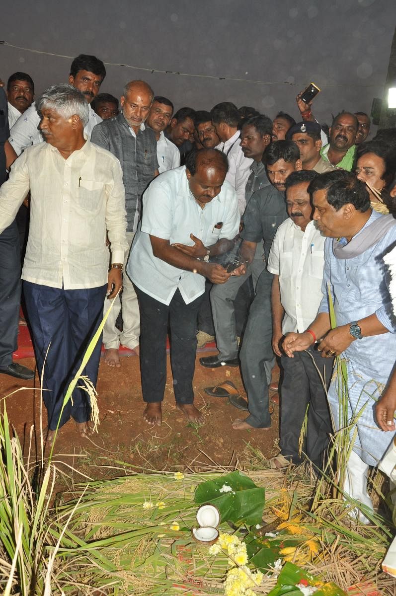 CM H D Kumaraswamy performs puja to the paddy field and launches harvest at Sitapura in Pandavapura taluk, Mandya.