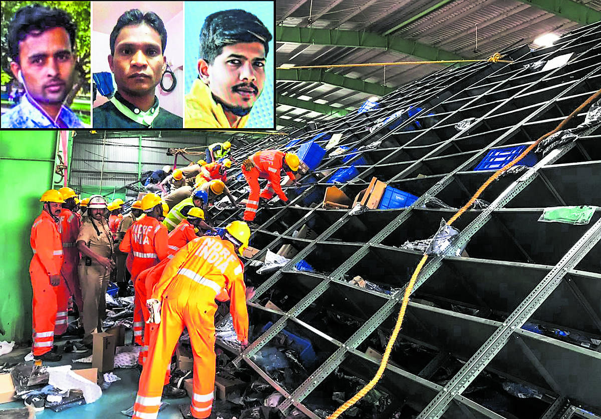 Three workers (inset) were killed after iron racks fell on them at a warehouse in Seegehalli, Whitefield, on Thursday.