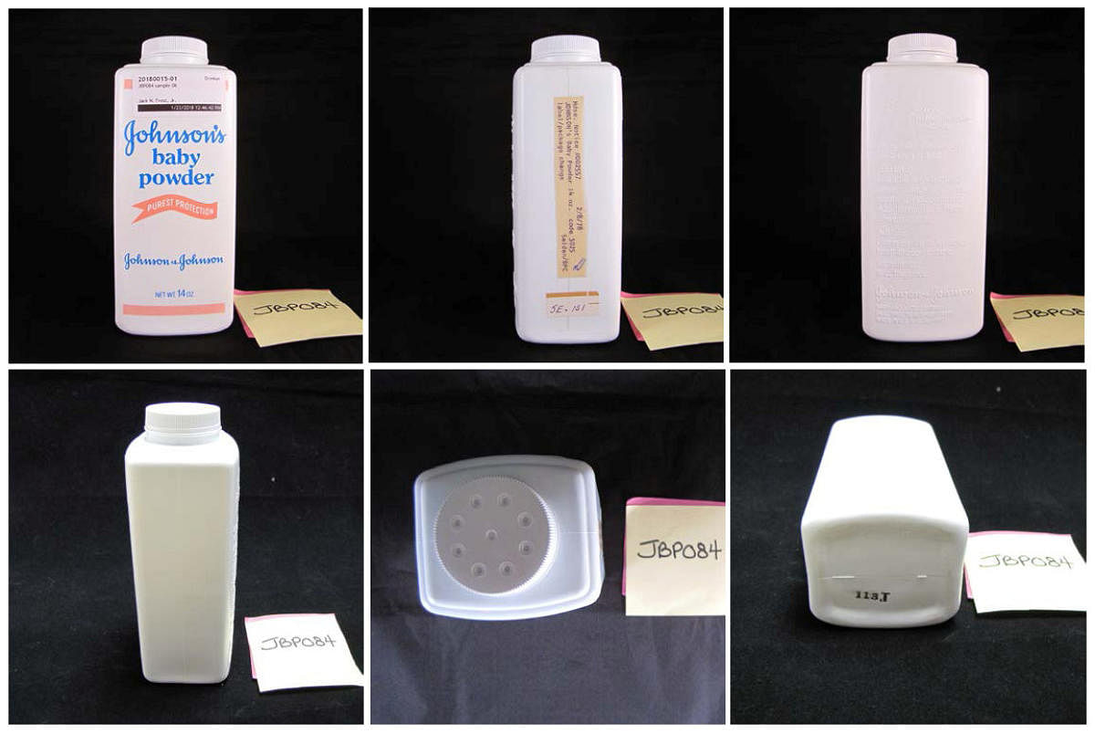 A combination of handout photographs used in a report analyzing a sample of Johnson's Baby Powder from 1978, entered in court as a plaintiff's exhibit in a case against Johnson&amp;Johnson, is pictured in this undated handout photo obtained by Reuters Nov
