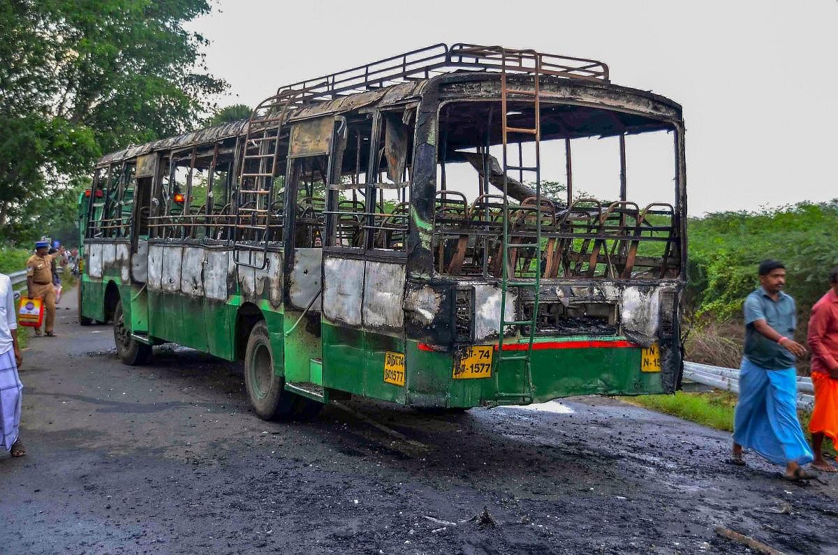 A vandalised government bus during a violent protest against the closure of Vedanta's Sterlite Copper unit, in Thoothukudi, on Friday. Over 100 people were arrested for protesting police firing on Tuesday and Wednesday in the port city that left 13 dead. PTI/FILE