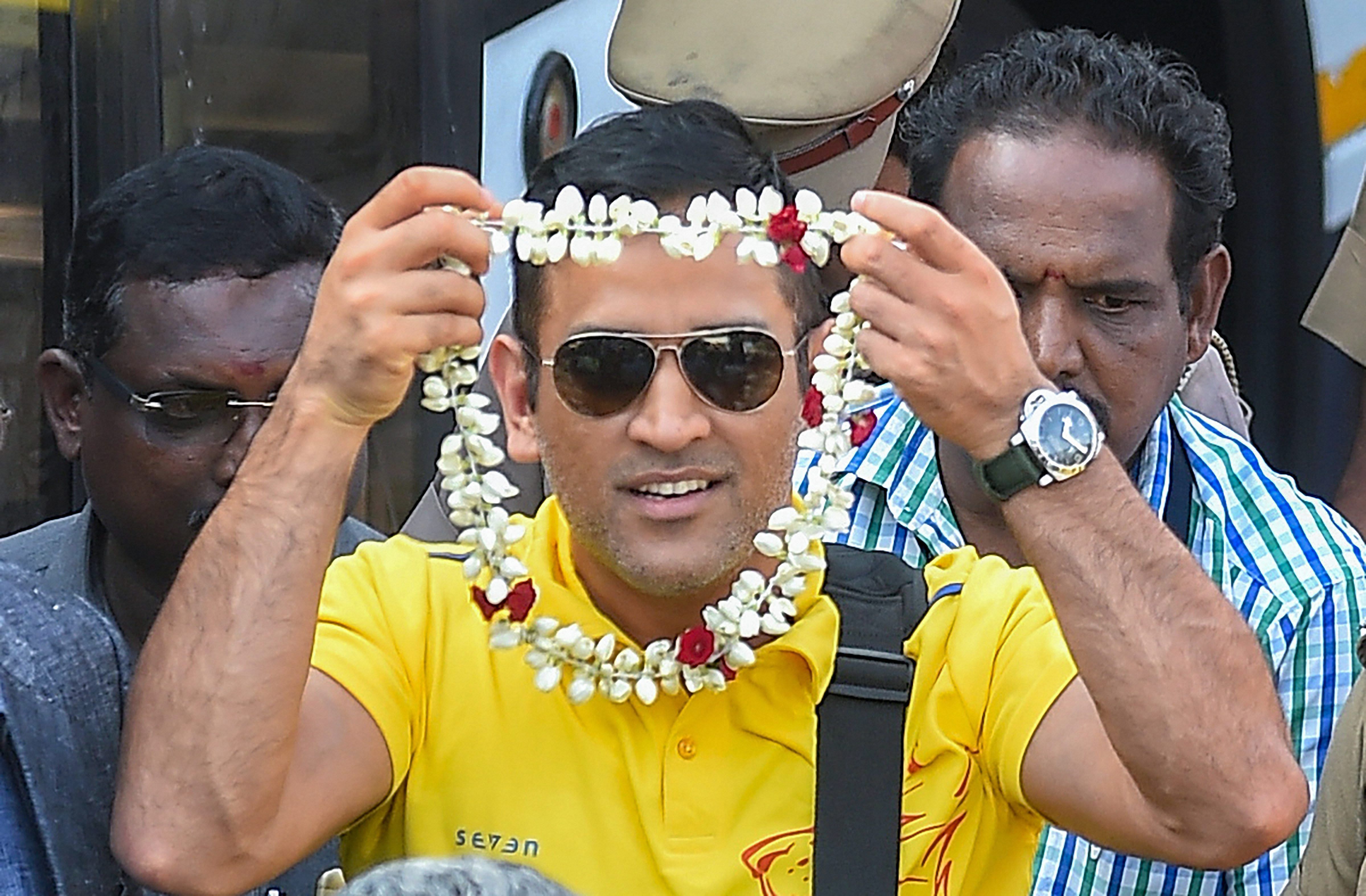 MS Dhoni was given a rousing reception upon arrival in Chennai. PTI 