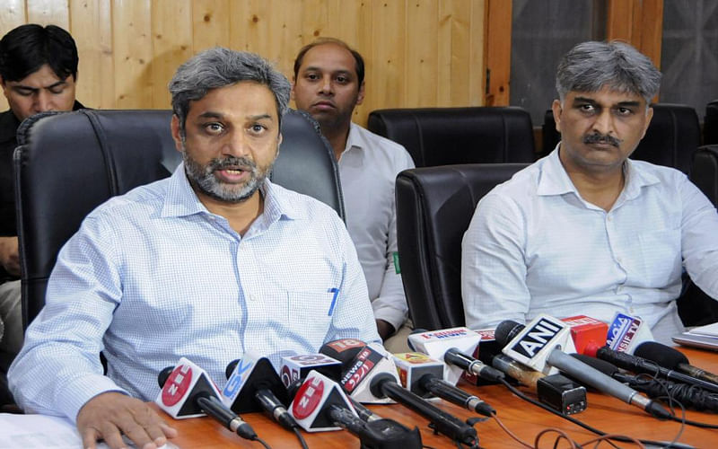 Chief Electoral Officer Shaleen Kabra addresses a press conference as he announces the dates for Muncipal elections in Srinagar. PTI photo