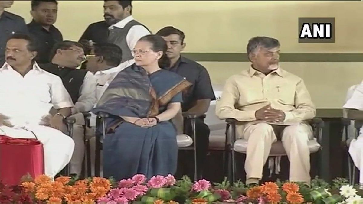 Gandhi along with her son and Congress President Rahul Gandhi shared the stage with Andhra Pradesh Chief Minister N Chandrababu Naidu and Kerala Chief Minister Pinnarayi Vijayan at the DMK headquarters. Image courtesy ANI/Twitter