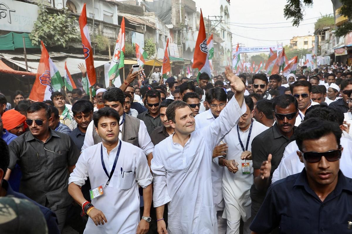 Congress president Rahul Gandhi and other leaders participate in the Gandhi Sankalp Yatra to commemorate the 149th birth anniversary of Mahatma Gandhi, in Wardha, on Tuesday. PTI
