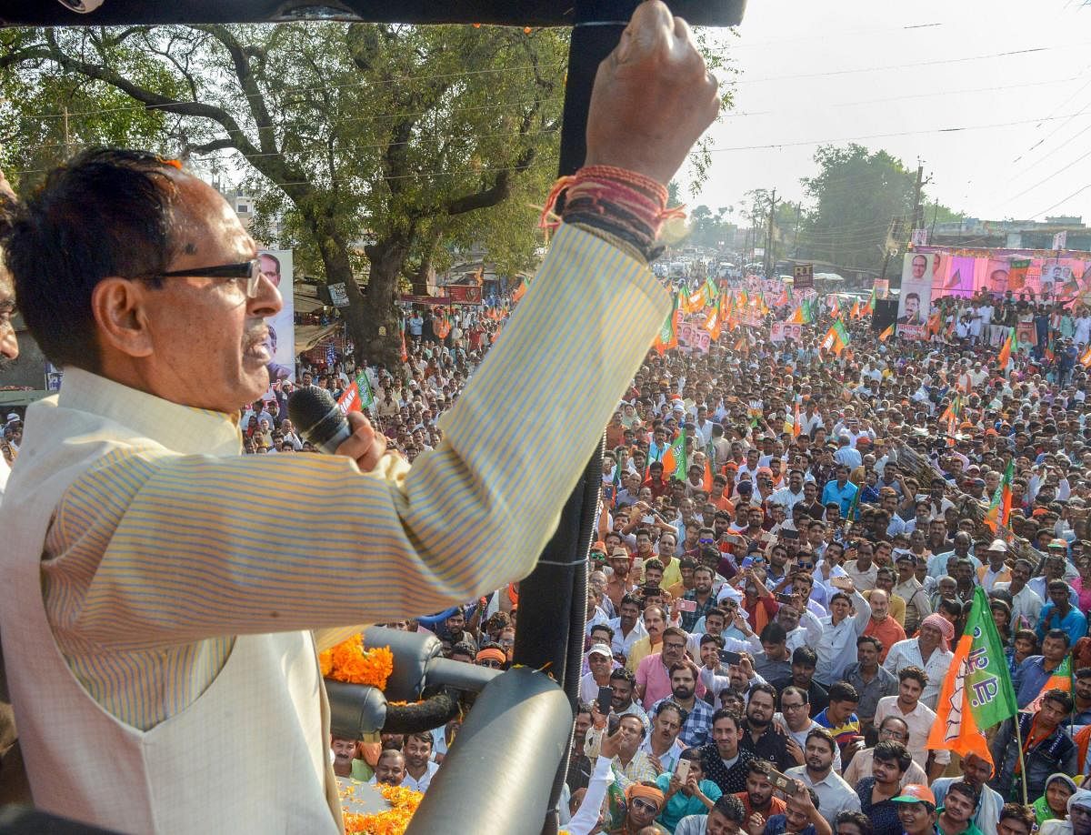 Madhya Pradesh Chief Minister Shivraj Singh Chauhan addresses a rally during his 'Jan Arashirvad Yatra' in Jabalpur. PTI/FILE