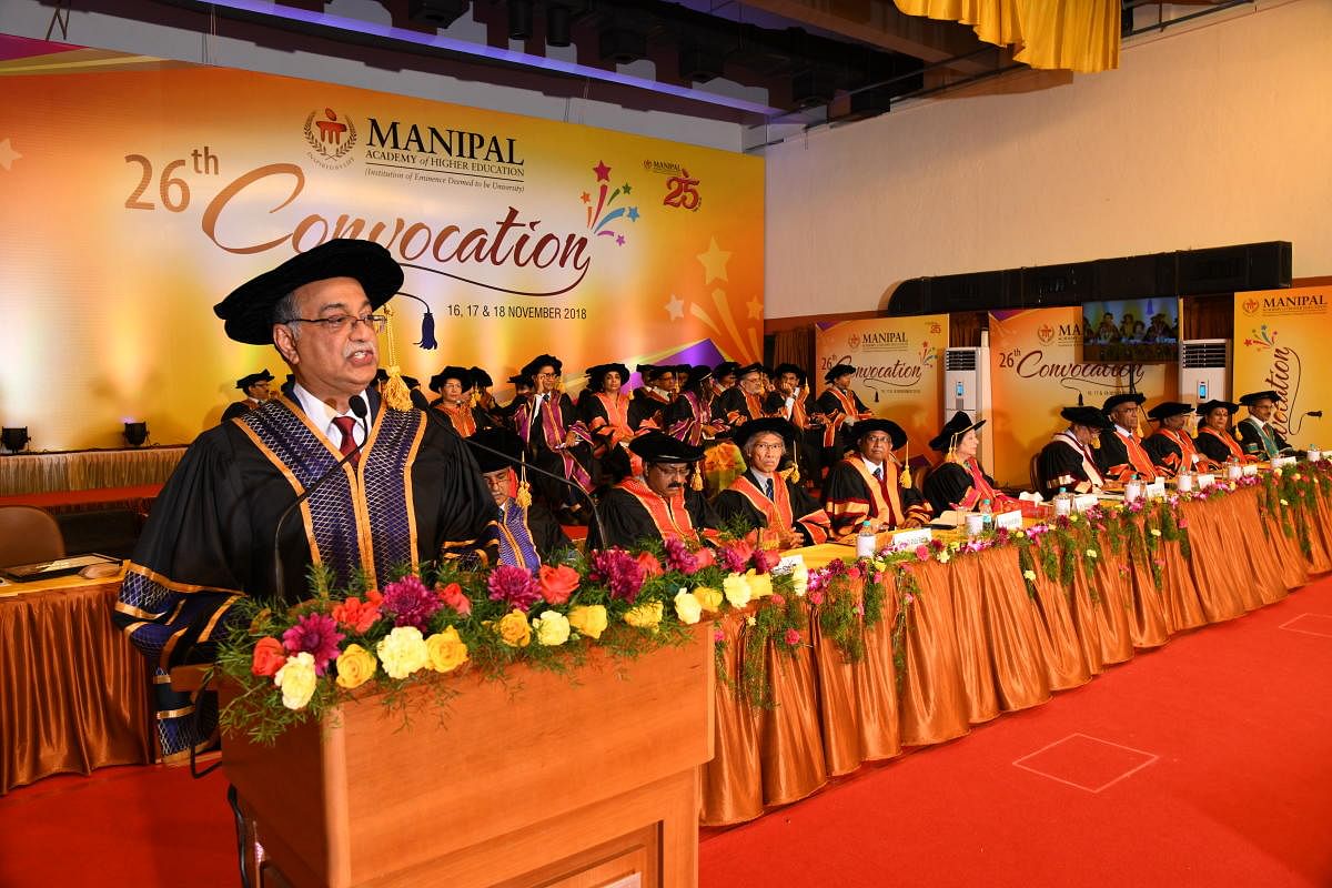 Health Enterprises Private Limited Chairman Dr H Sudharshan Ballal delivers convocation address at Manipal Academy of Higher Education, at Manipal on Friday. 