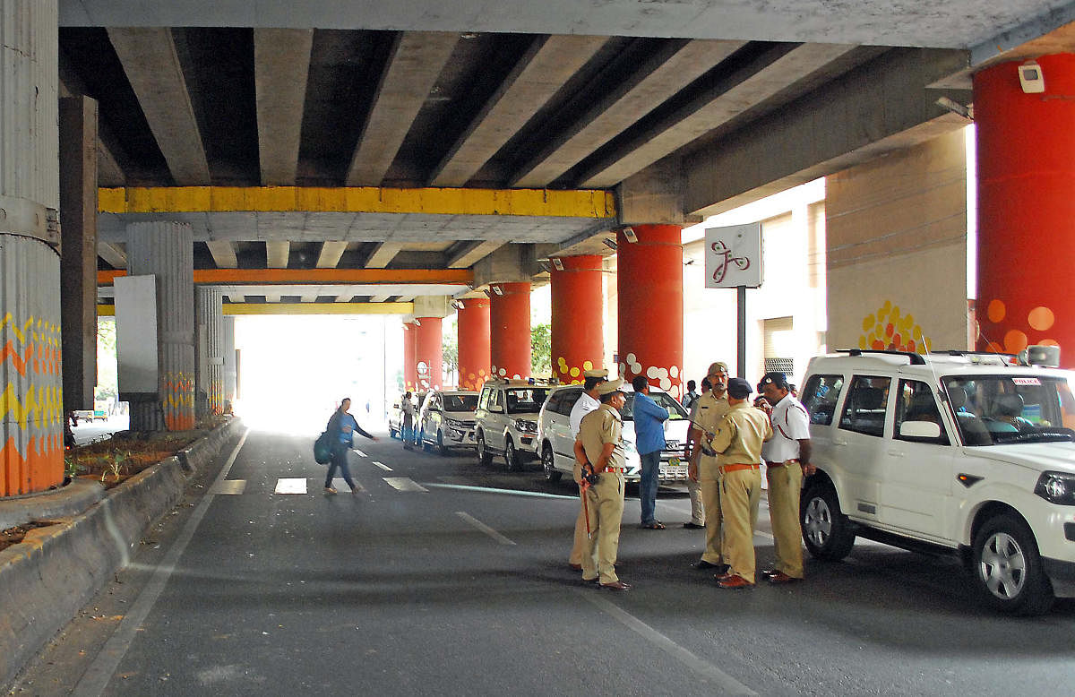 Traffic blocked for Deputy Chief Minister G Parameshwara to inspect Metro pillar near Trinity metro station in Bengaluru on Saturday 15th December 2018.