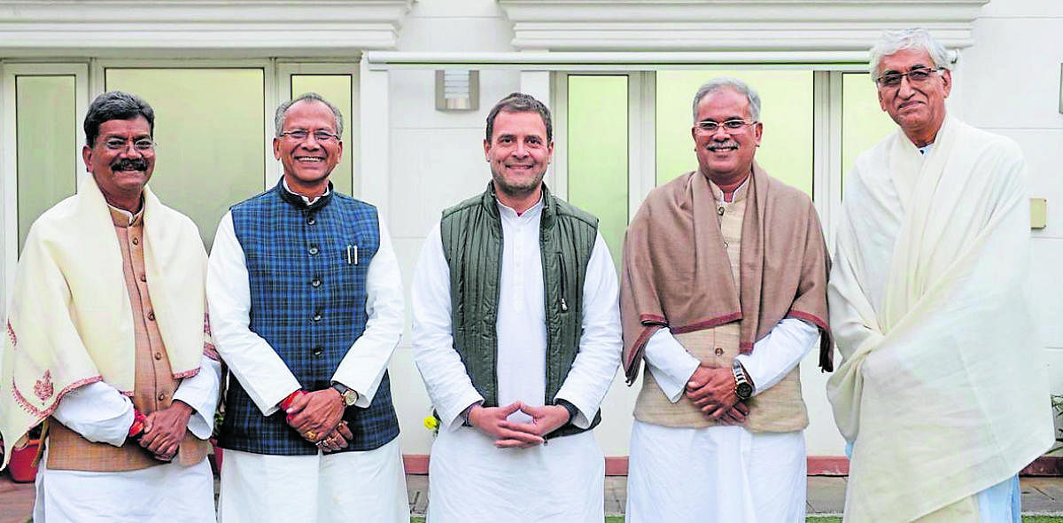 For throne and seats: Congress president Rahul Gandhi (C) with contenders for the post of chief minister of Chhattisgarh (From Left) Charandas Mahant, Tamradhwaj Sahu, Bhupesh Baghel and T S Singhdeo. Twitter/ @RahulGandhi