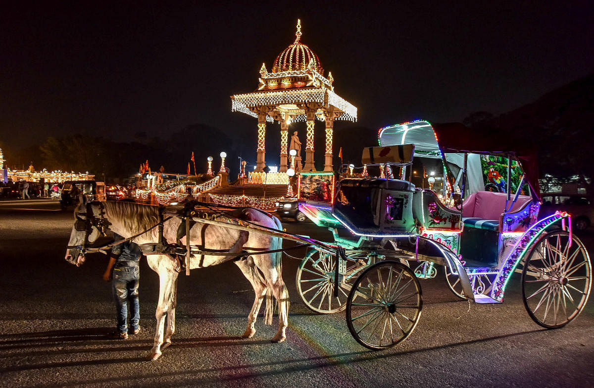 Brace for heritage ride: An illuminated tonga waiting for tourists to take them for a heritage ride, at Chamaraja Circle in Mysuru. Dh-File photo