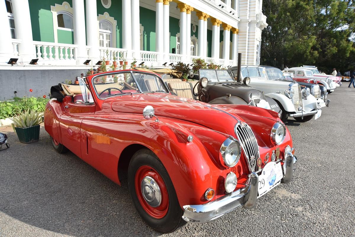 Vintage cars parkes in front of Lalith Mahal Palace, in Mysuru, on Sunday.