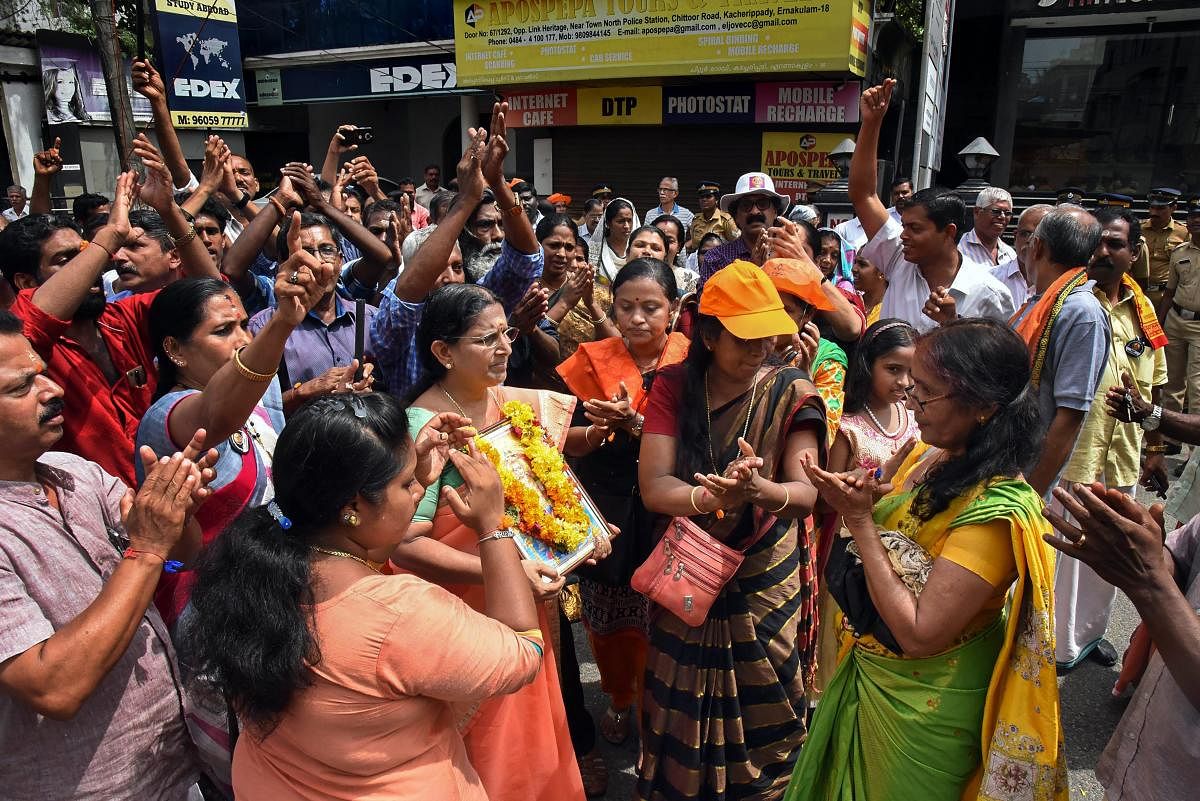 Women protest at North Police station, in Kochi, on October 21, 2018. PTI