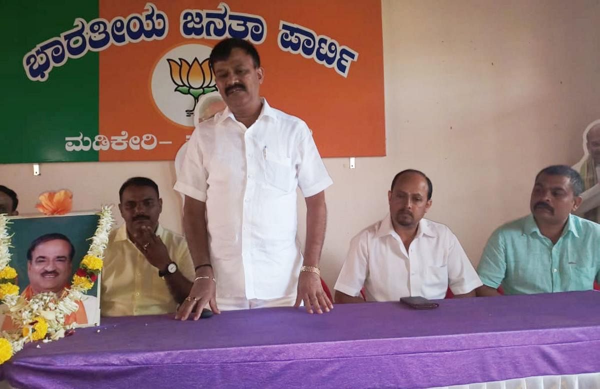 MLC M P Sunil Subramani speaks during a condolence meeting at the district BJP office in Madikeri on Monday.