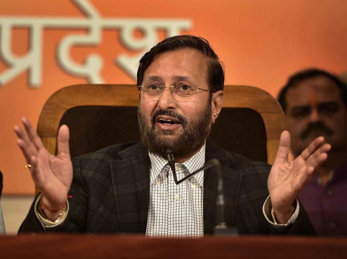 Union HRD Minister Prakash Javadekar addresses a press conference at UP BJP office, in Lucknow, on Monday. PTI