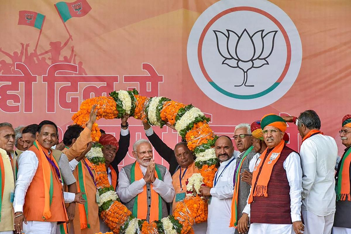 Prime Minister Narendra Modi during an election rally ahead of the state Assembly elections, in Nagaur on November 28, 2018. Twitter Photo via PTI