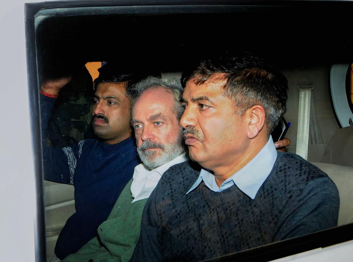 Christian Michel (C), the alleged middleman in the multi-crore AgustaWestland chopper deal, being produced at a CBI court in Patiala House Court in New Delhi. PTI Photo 
