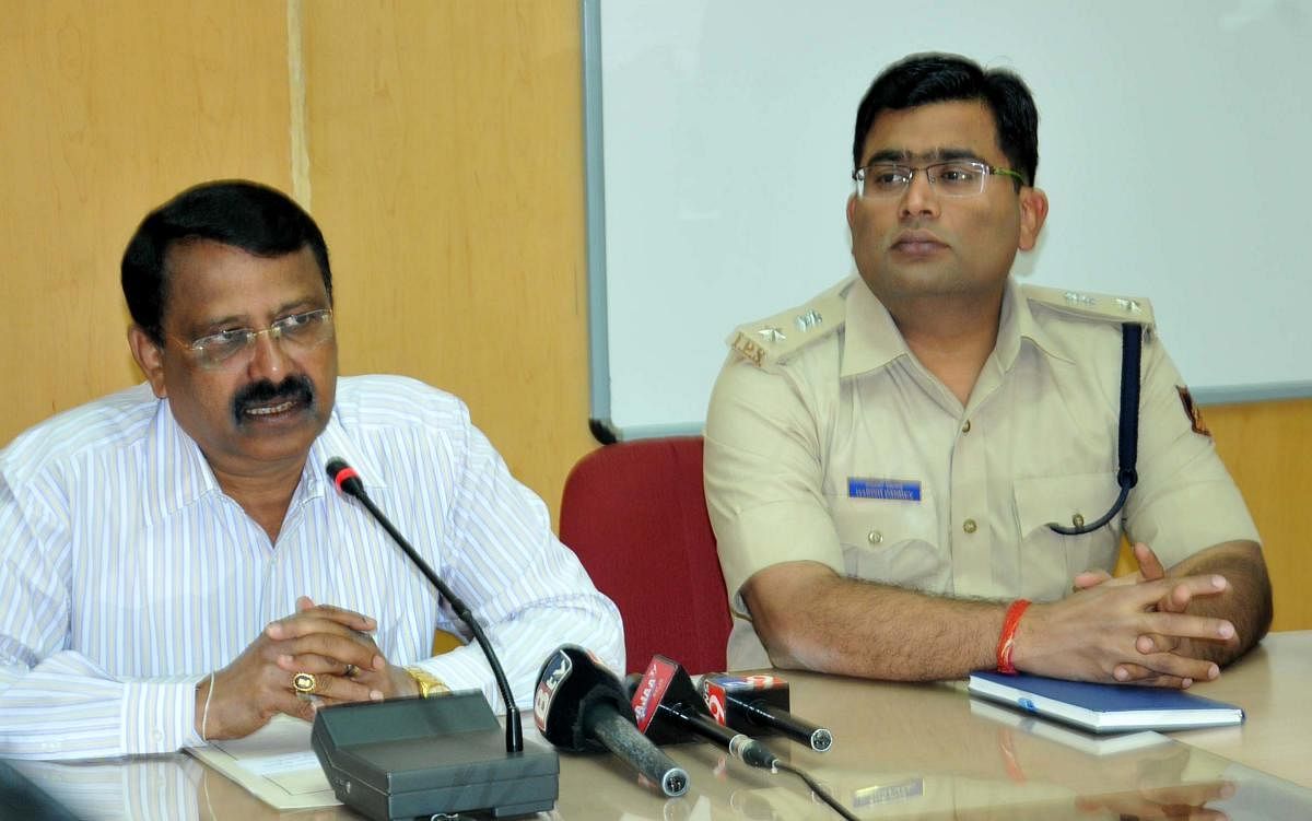 Deputy commissioner M K Srirangaiah and SP Harish Pande conduct a joint press conference on Datta Jayanti preparations in Chikkamagaluru on Tuesday.