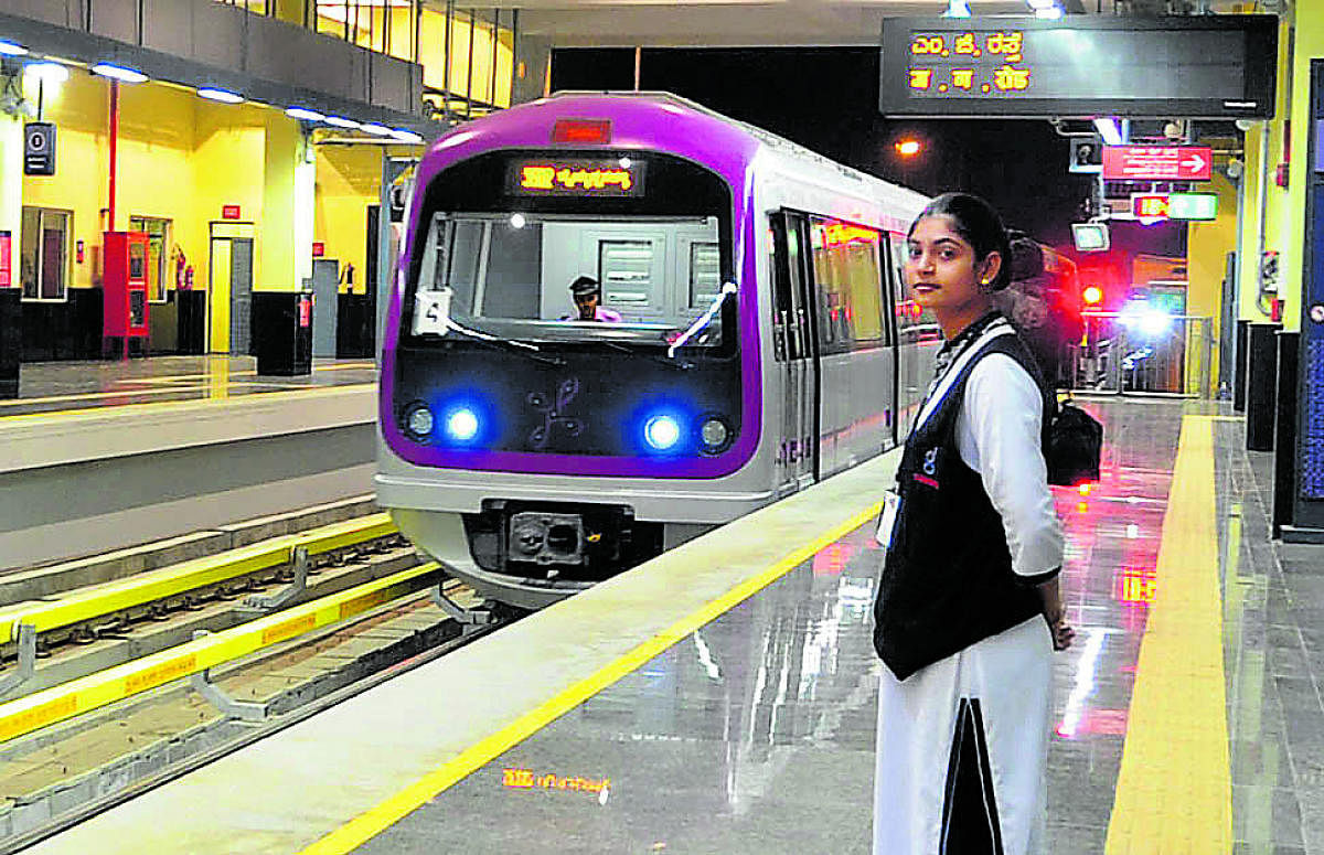 Namma Metro train run at the M G road station as media invited for the media briefing before the Metro release in Bangalore on Saturday./ photo by Kishor Kumar Bolar