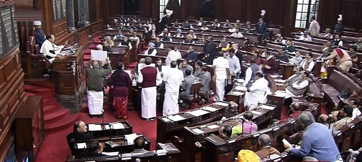 The Rajya Sabha was adjourned Friday till 2.30 pm as two Tamil parties - the AIADMK and DMK - continued their protest over the Cauvery River issue, while the Opposition Congress and treasury benches sparred over the Rafale jet deal. PTI photo