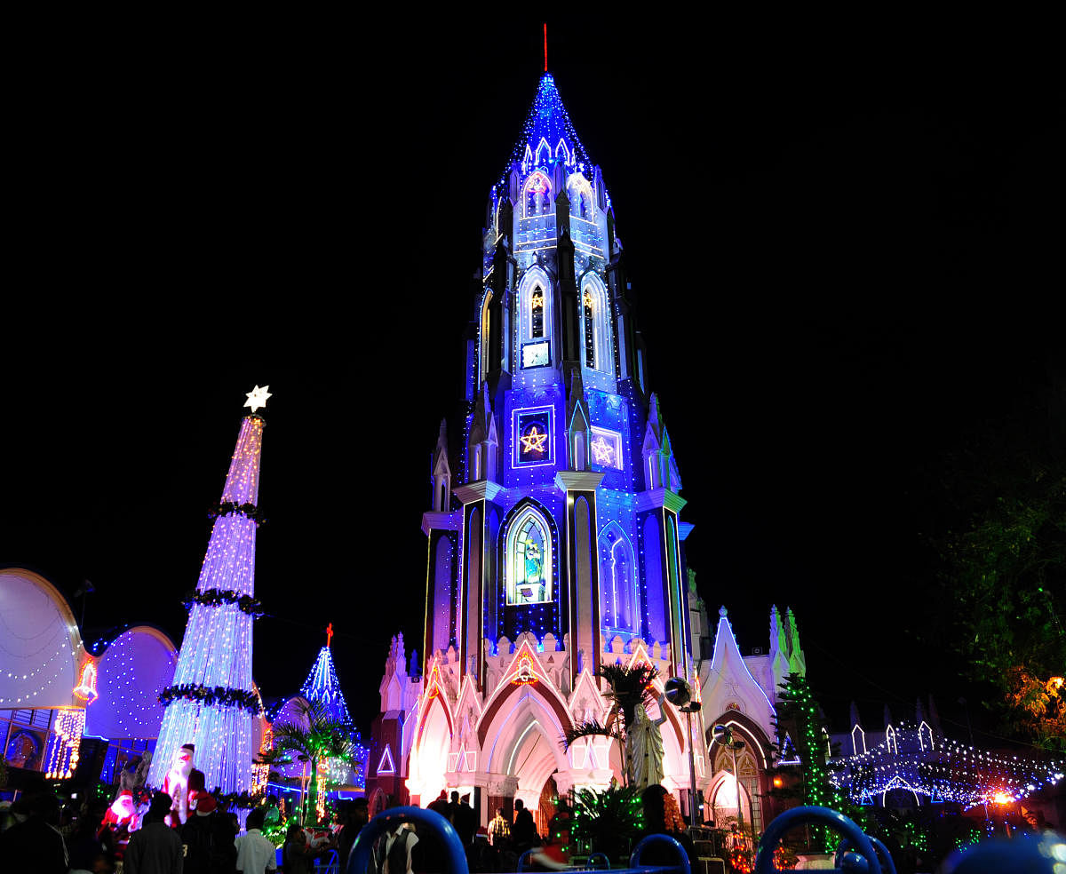 An illuminated St. Mary's Basilica on Christmas eve in Bengaluru