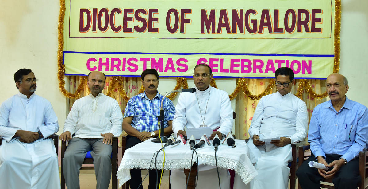 Mangaluru Bishop Fr Dr Peter Paul Saldanha delivers his Christmas message at Bishop’s House in Mangaluru.