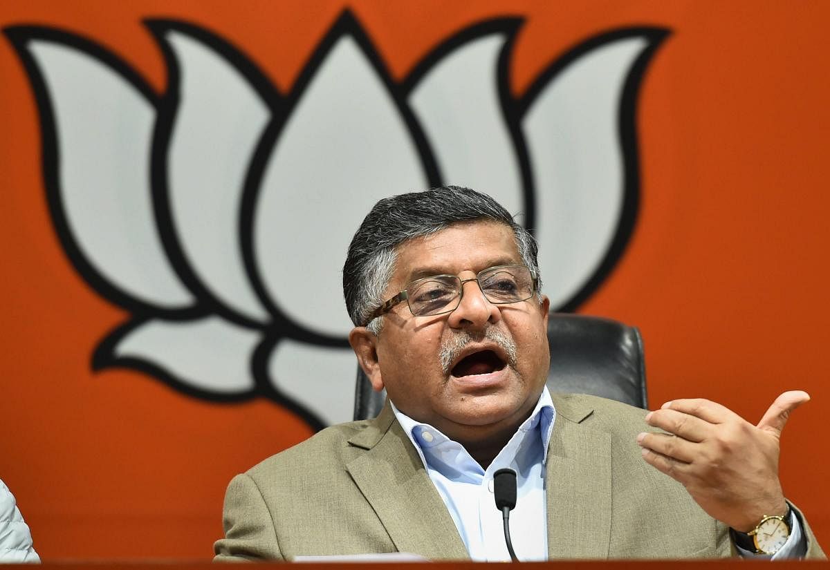 Union Law Minister Ravi Shankar Prasad addresses a press conference in relation to the National Herald case, in New Delhi, on Saturday. (PTI Photo)