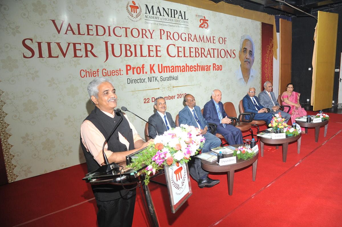 NITK, Surathkal Director Prof Umashankar Rao speaks at the valedictory of year-long celebrations of silver jubilee of Manipal Academy of Higher Education (MAHE), at Manipal on Saturday