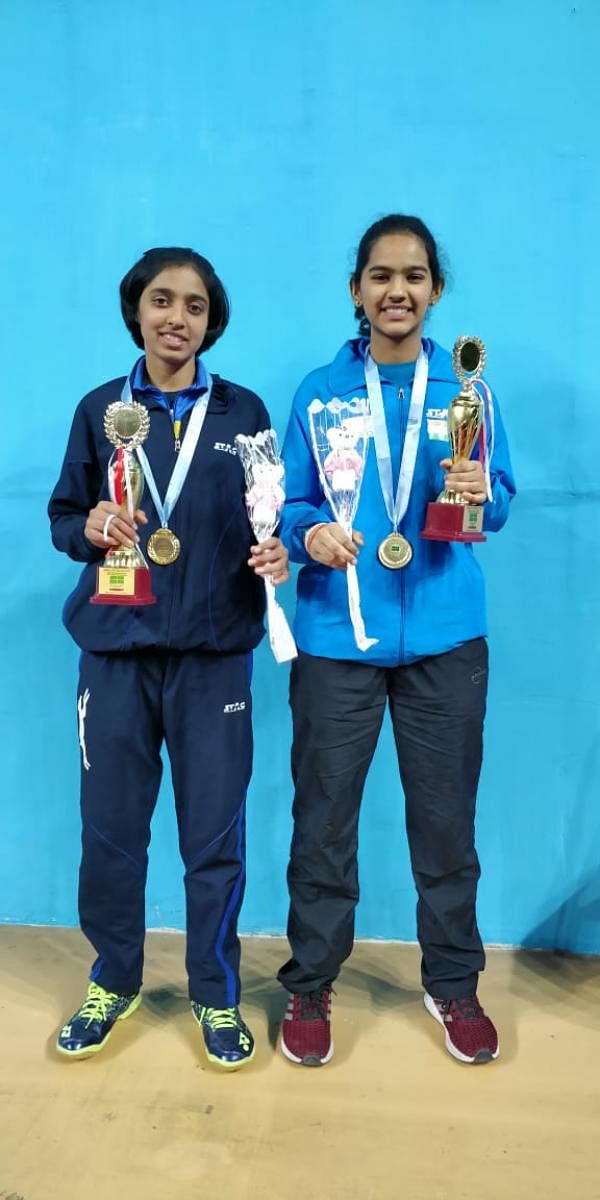 ON A ROLL Yashaswini Ghorpade (left) and Anargya Manjunath with their trophies in Chandigarh on Sunday.