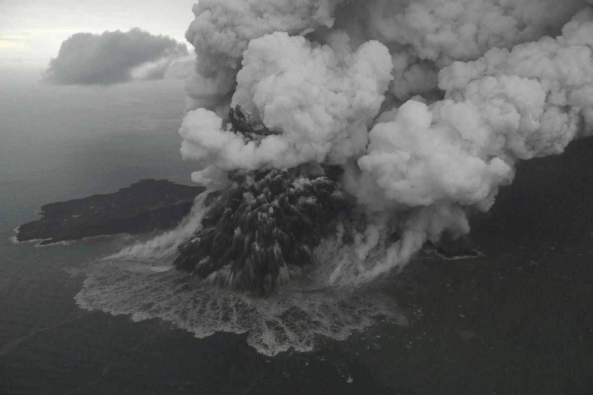 This aerial shot taken on Sunday, Dec. 23, 2018 shows Mount Anak Krakatau as it erupts on Java Strait, Indonesia. (AP/PTI)