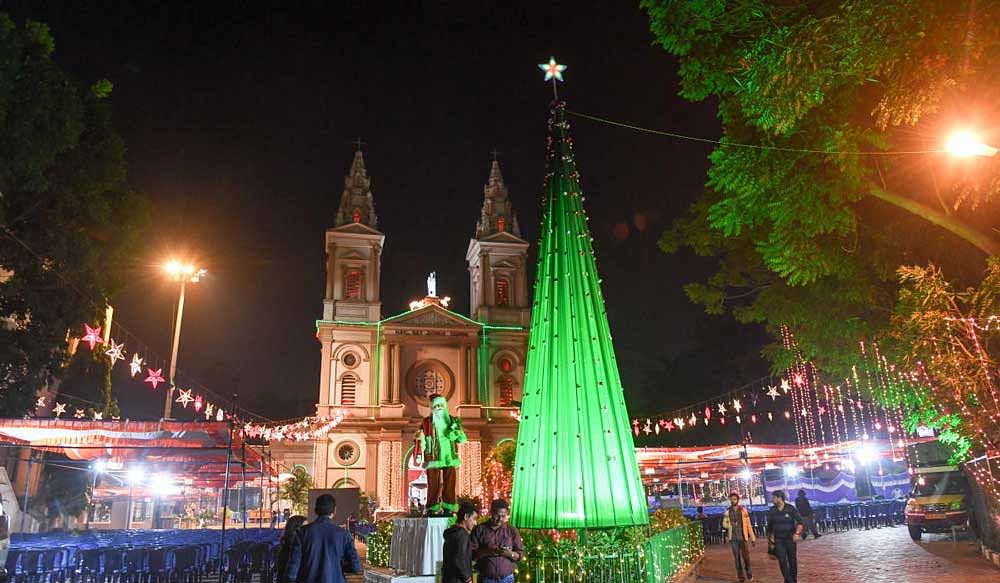 The all illuminated St. Patric church on Christmas eve, at Shanthala Nagar, in Bengaluru on Monday. DH Photo/ B H Shivakumar