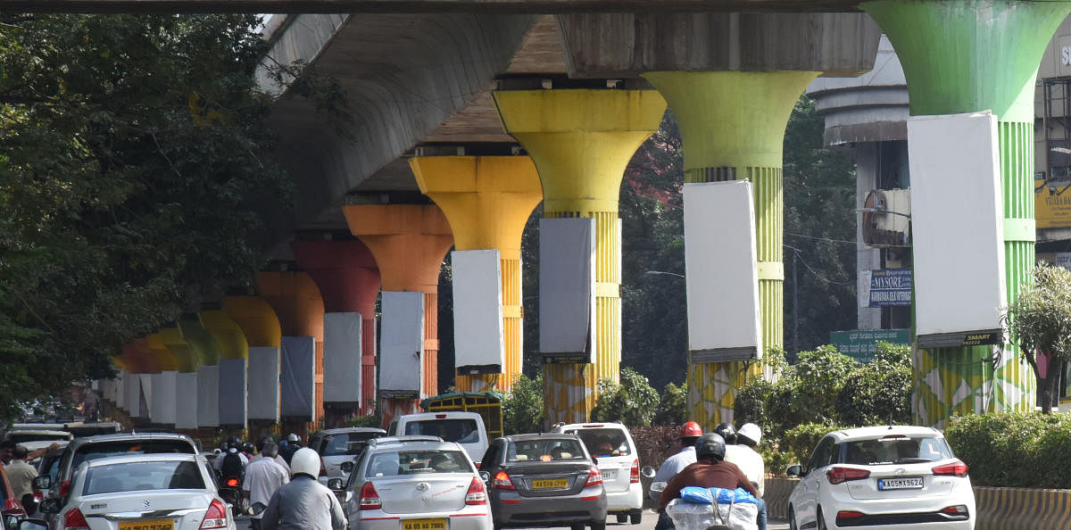 The bare advertisement panels on Metro pillars after the BBMP banned all hoardings. DH Photo/Janardhan B K