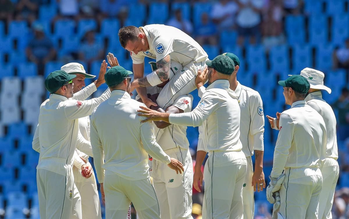 REMARKABLE: South Africa's Dale Steyn celebrates after getting Pakistan's Fakhar Zaman wicket on the first day of the first Test at SuperSport Park on Wednesday. AFP
