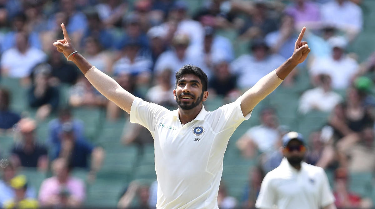 India's Jasprit Bumrah reacts after dismissing Australia's Nathan Lyon on day three of the third test match between Australia and India at the MCG in Melbourne, Australia, December 28, 2018. AAP/Julian Smith/via REUTERS