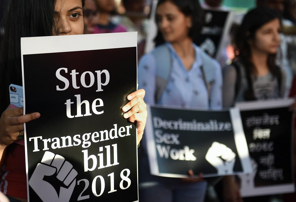 LGBT community members and supporters protest against the Trafficking of Persons Bill, 2018 and Transgender Persons Bill, 2018, in Mumbai. (PTI Photo)