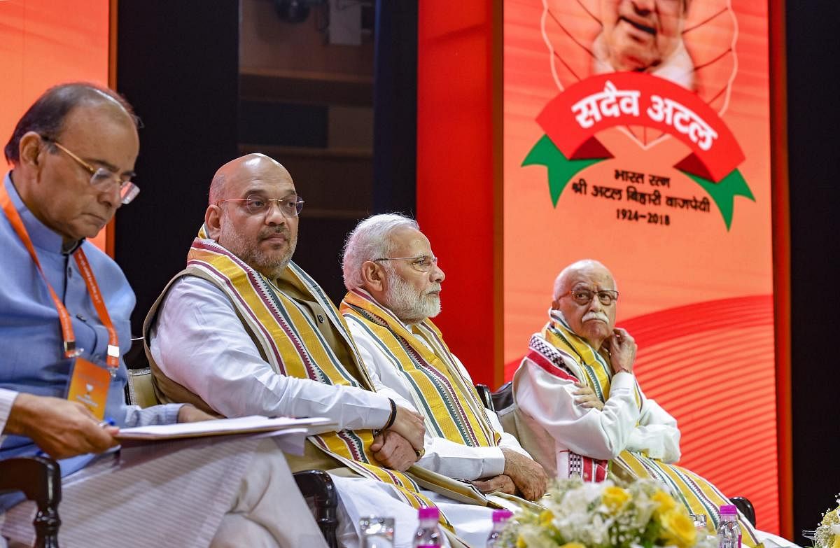 New Delhi: Prime Minister Narendra Modi, BJP President Amit Shah, Finance Minister Arun Jaitley and BJP senior leader LK Advani during BJP National Executive Meet, in New Delhi, Saturday, Sept 8, 2018. PTI Photo. 
