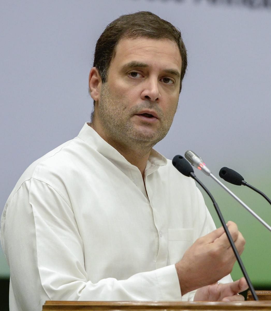 Congress President Rahul Gandhi addresses the extended Congress Working Committee meeting in New Delhi on Sunday. PTI