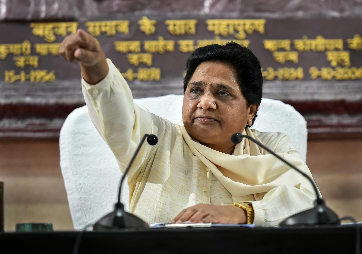 BSP supremo Mayawati addresses a press conference in Lucknow on Sunday. PTI