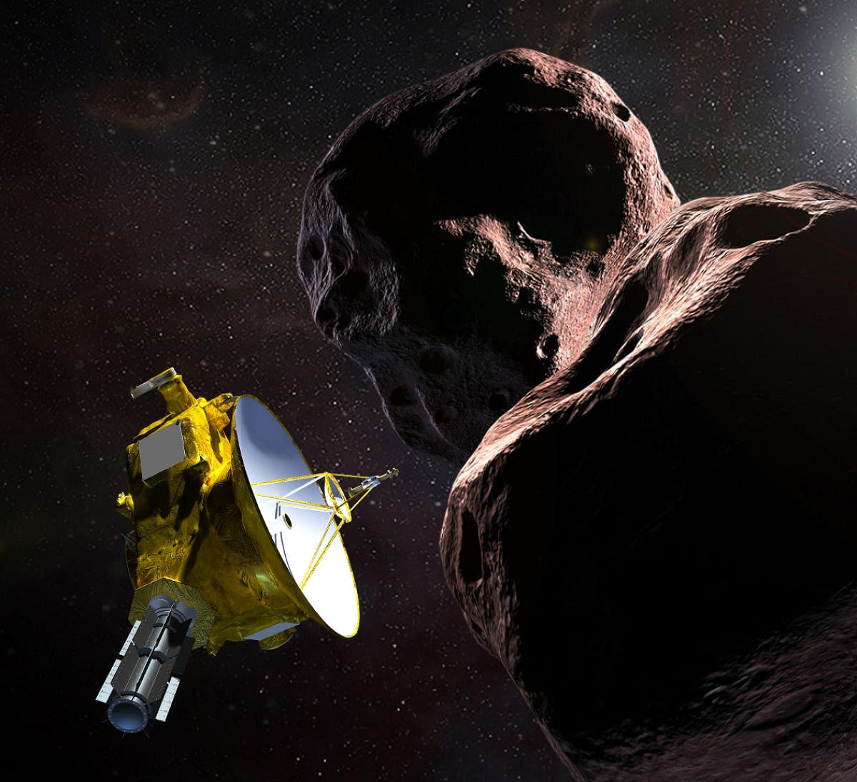 This artist's illustration obtained from NASA on December 21, 2018 shows the New Horizons spacecraft encountering 2014 MU69 – nicknamed “Ultima Thule” – a Kuiper Belt object that orbits one billion miles beyond Pluto. (Photo by HO / NASA/JHUAPL/SwRI / AFP)
