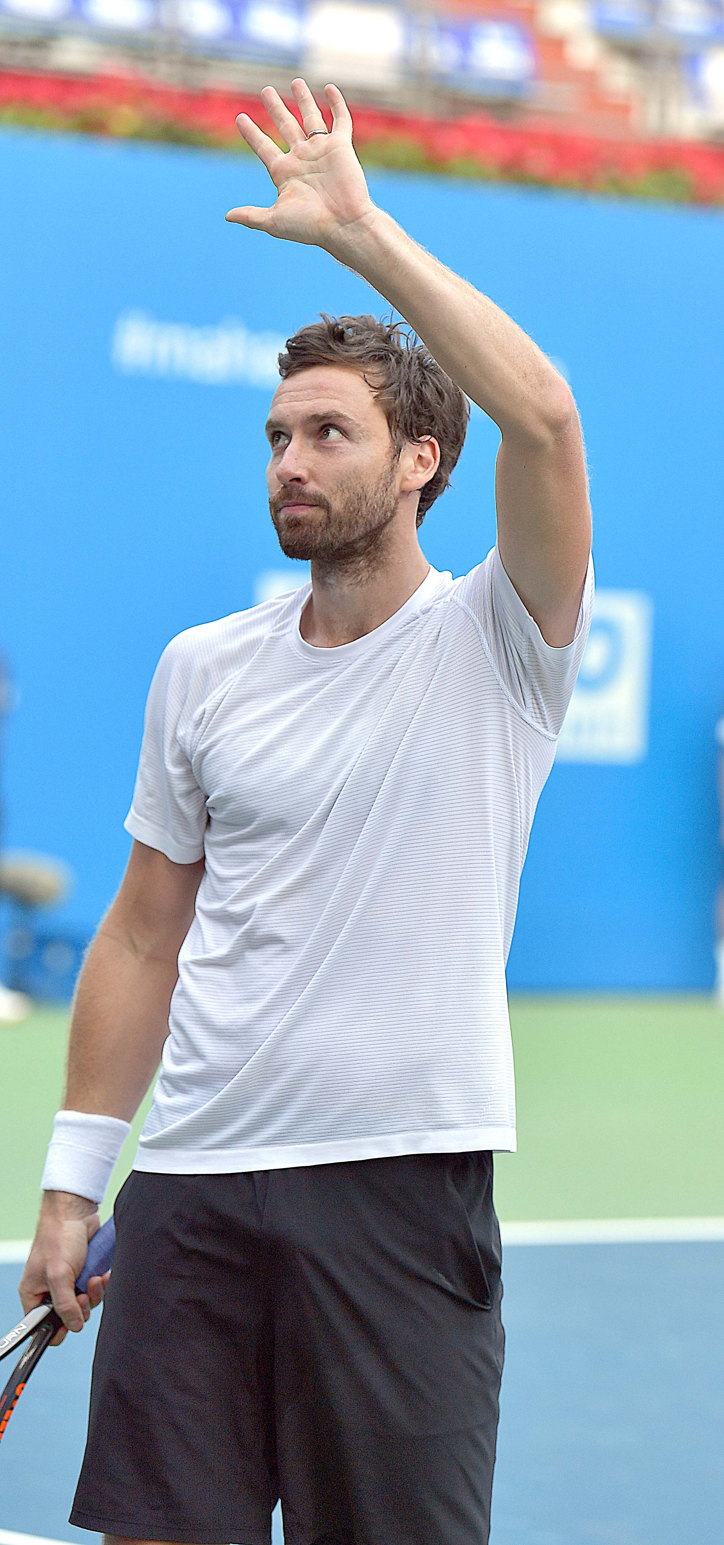 Latvia's Ernests Gulbis celebrates his upset win over South Korean Hyeon Chung at the Tata Open Maharashtra on Wednesday. 