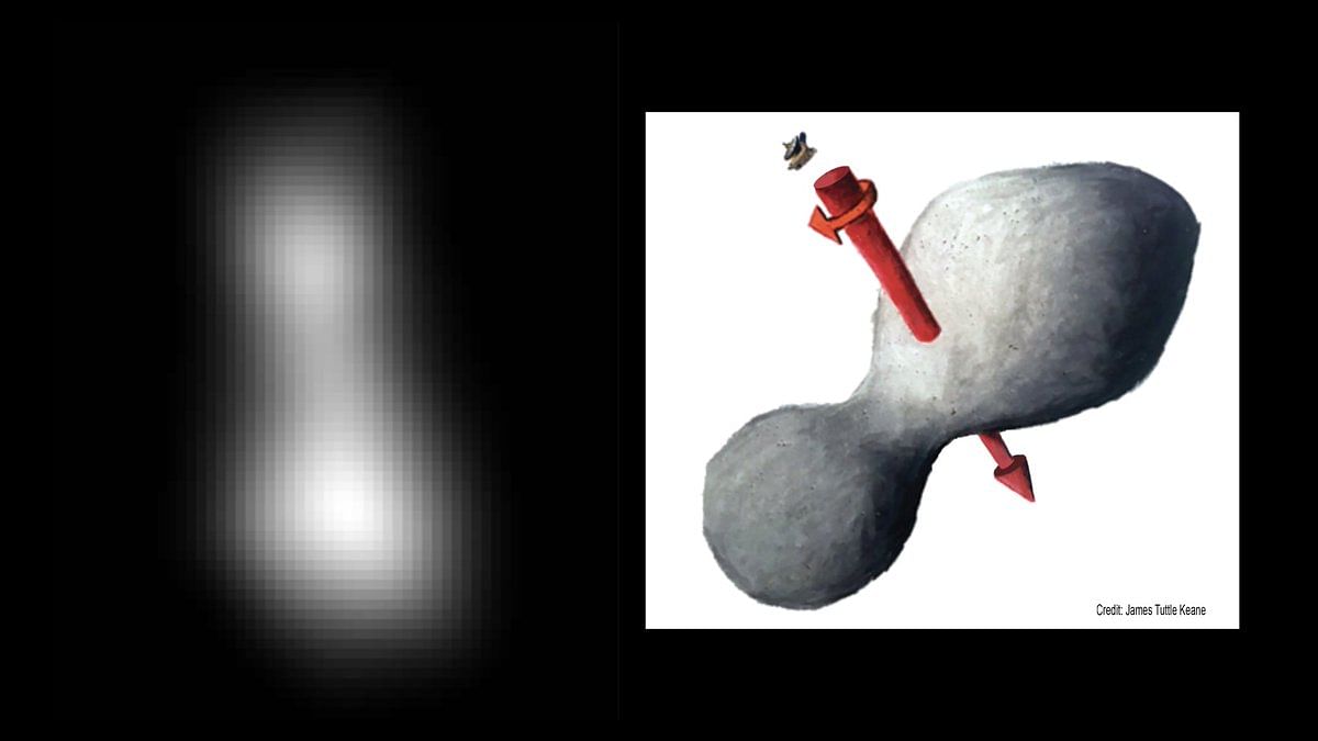 First image of UltimaThule. At left is a composite of two images taken by New Horizons, which provides the best indication of Ultima Thule's size and shape so far (artist’s impression on right). (Credit: @JHUAPL/Twitter)