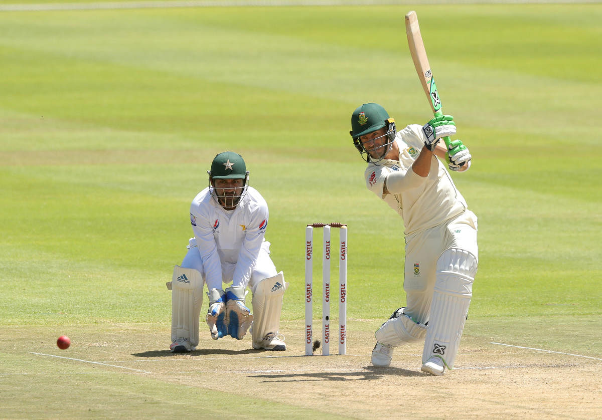 South Africa's Faf du Plessis drives one to the fence en route his 103 against Pakistan. Reuters 