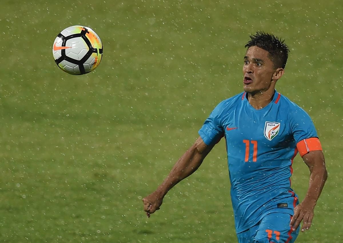 Sunil Chhetri will be looking to be lead from the front when India open their campaign against Thailand on Sunday. AFP FILE PHOTO