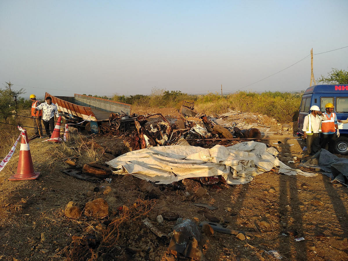 The lorry and the car that were involved in a gruesome road accident, near Nippani in Belagavi district on Saturday, have been reduced to a heap of metal. DH PHOTO