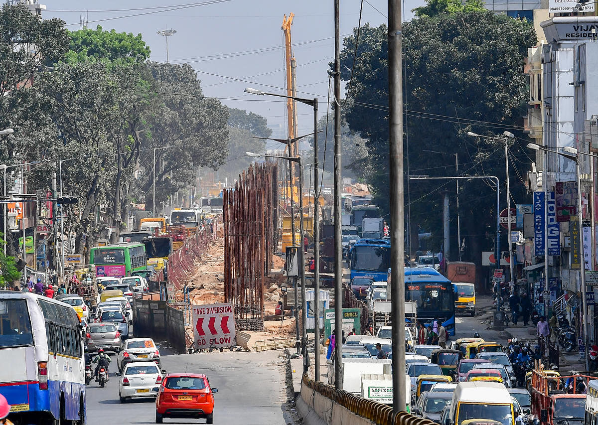 Chaos all around: Metro work on the Outer Ring Road near BTM Layout has badly hit traffic. (DH File Photo)