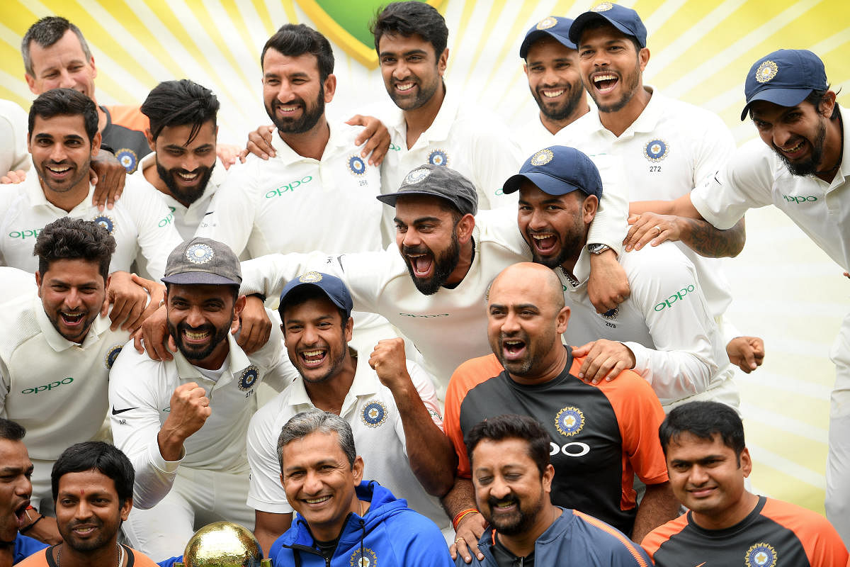 The Indian team celebrates a 2-1 series victory over Australia following play being abandoned on day five in the fourth test match between Australia and India at the SCG in Sydney, Australia, January 7, 2019. REUTERS photo