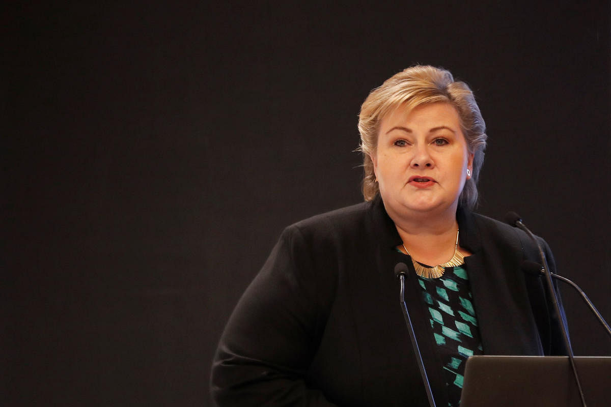Norway's Prime Minister Erna Solberg speaks during India-Norway Business Conference in New Delhi, India on Monday. REUTERS
